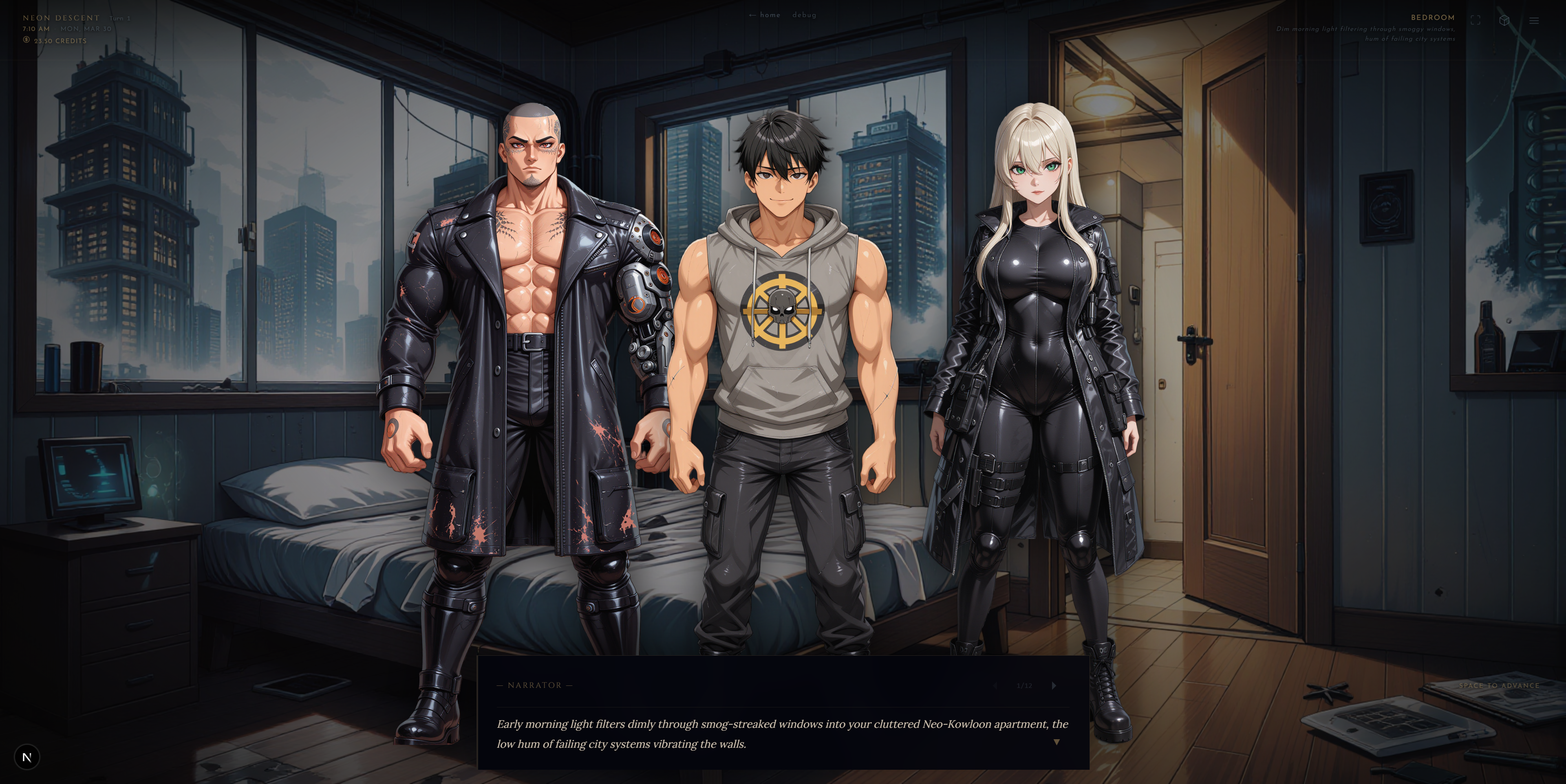 Noiravo AI visual novel — anime cyberpunk apartment scene with three characters