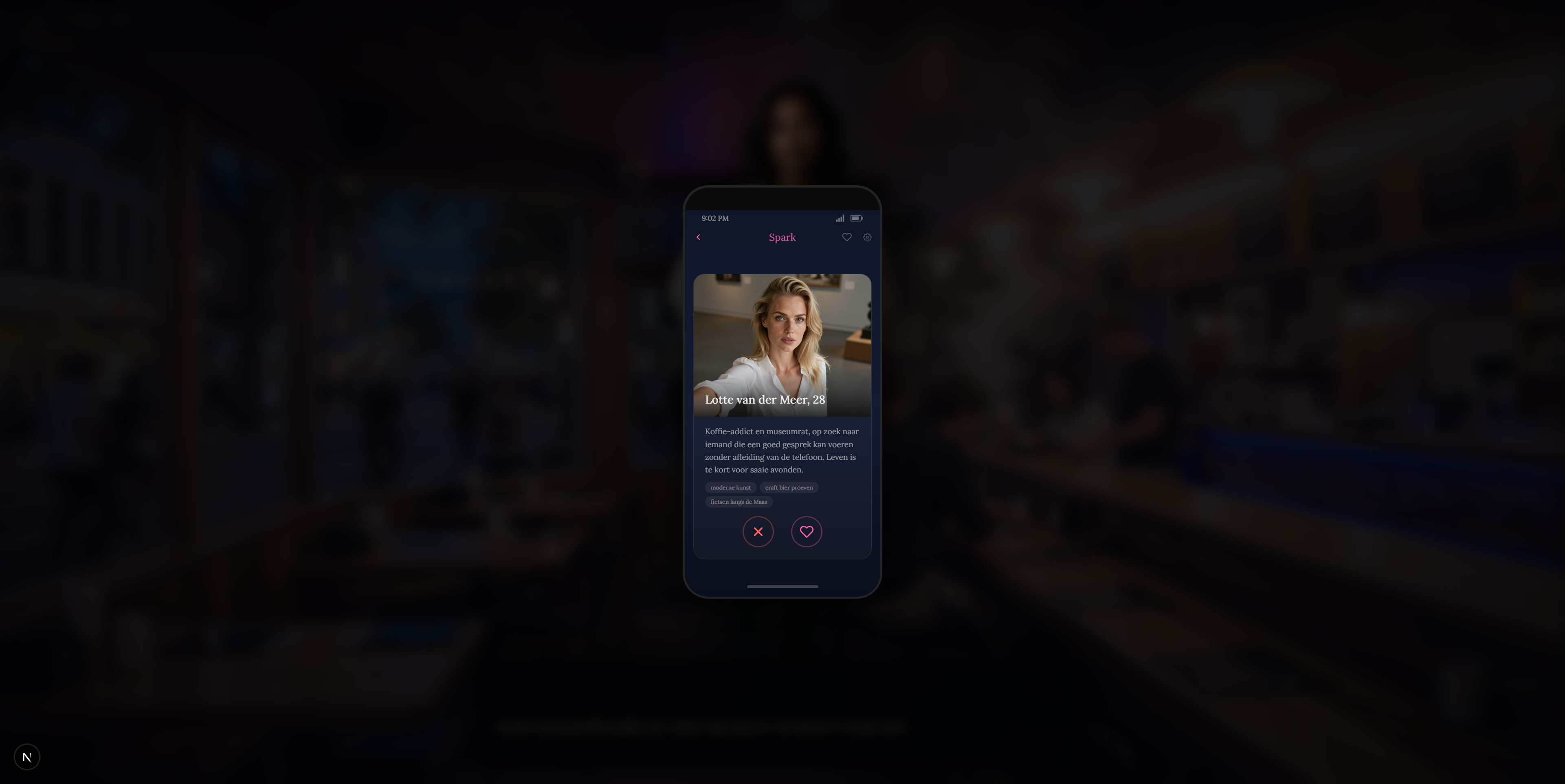 Noiravo in-game dating app — Dutch language realistic character profile