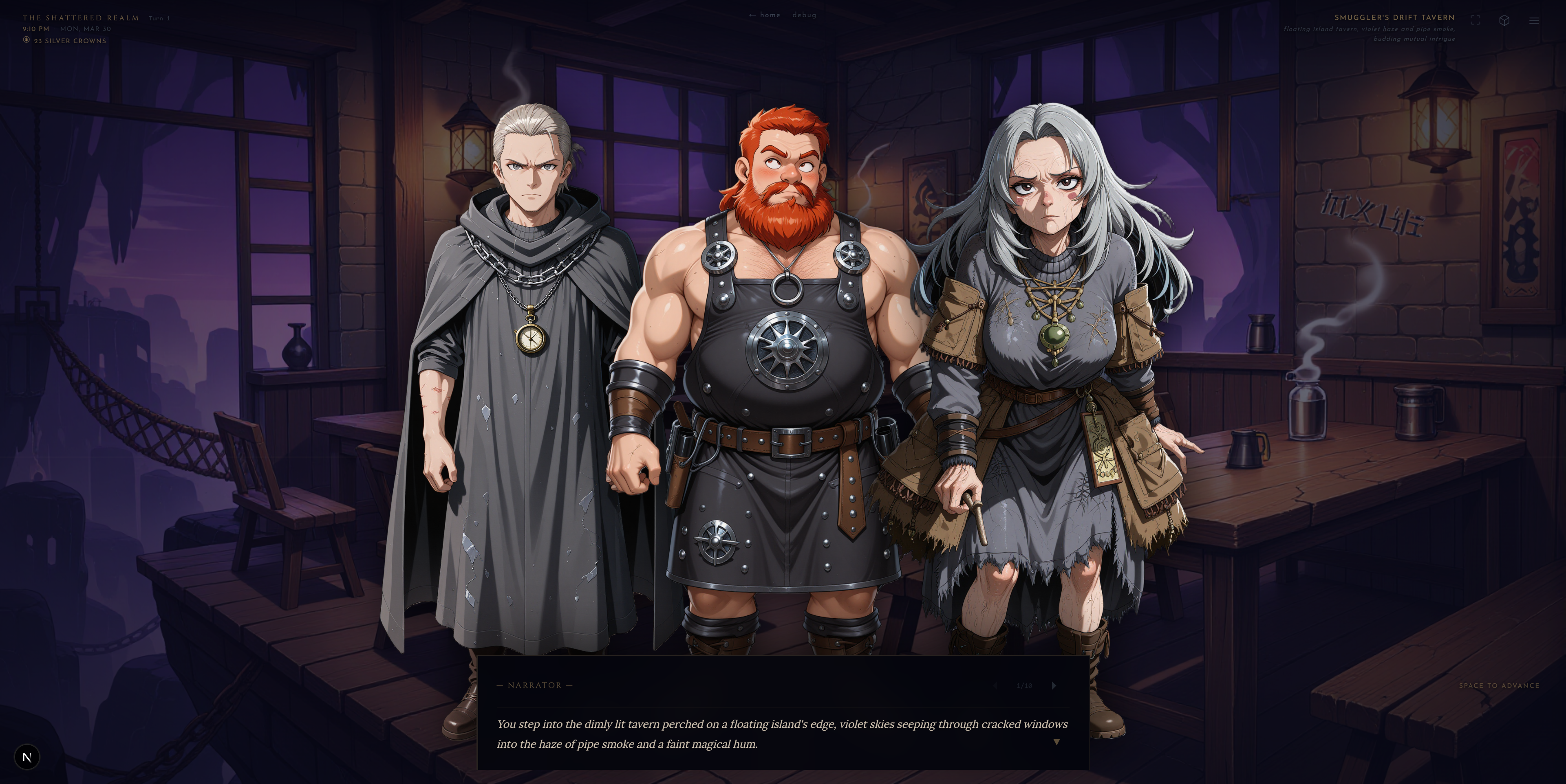 Noiravo AI visual novel — anime fantasy tavern scene with player dialogue