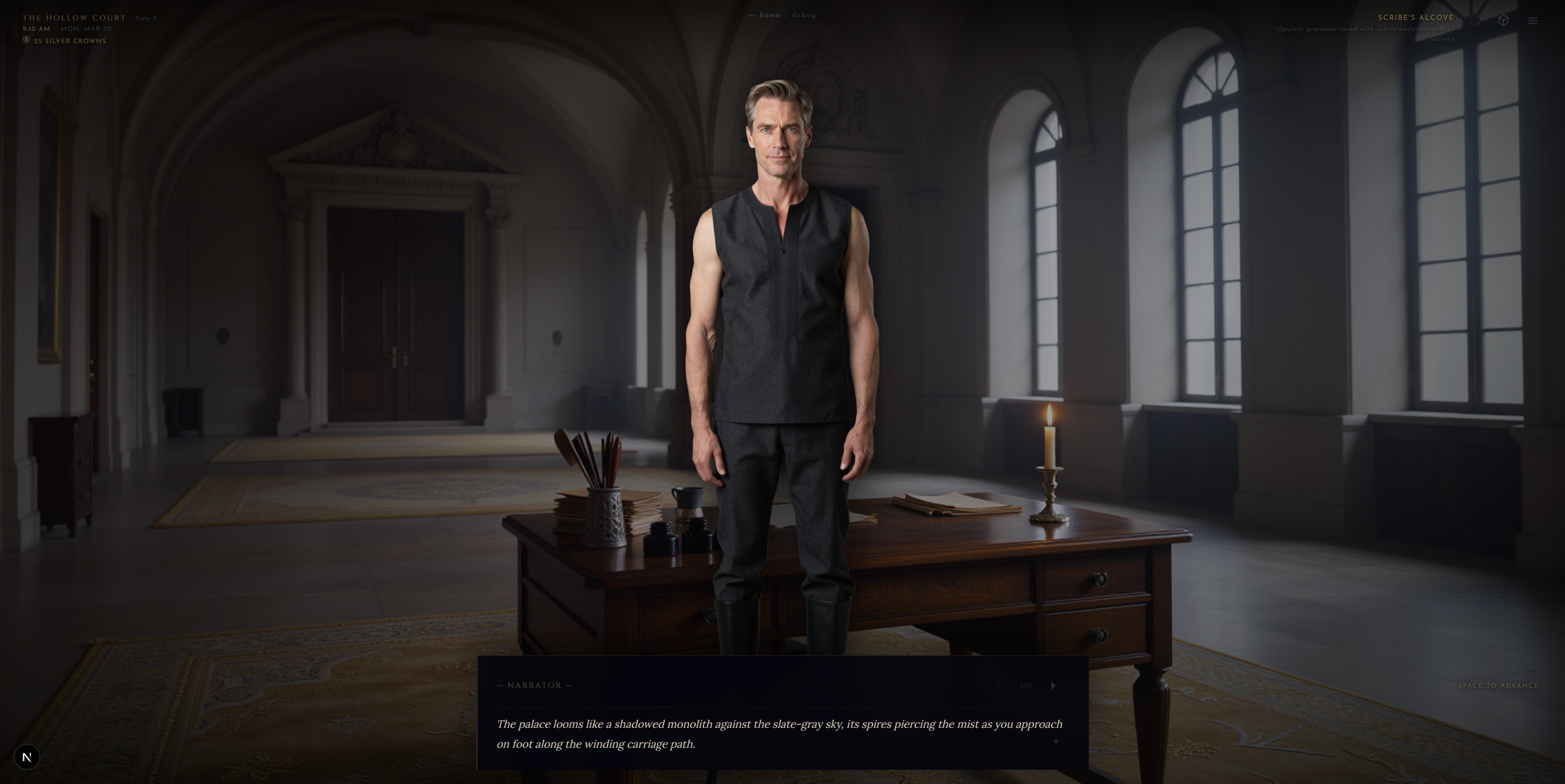 Noiravo AI visual novel — realistic medieval court scene with atmospheric lighting
