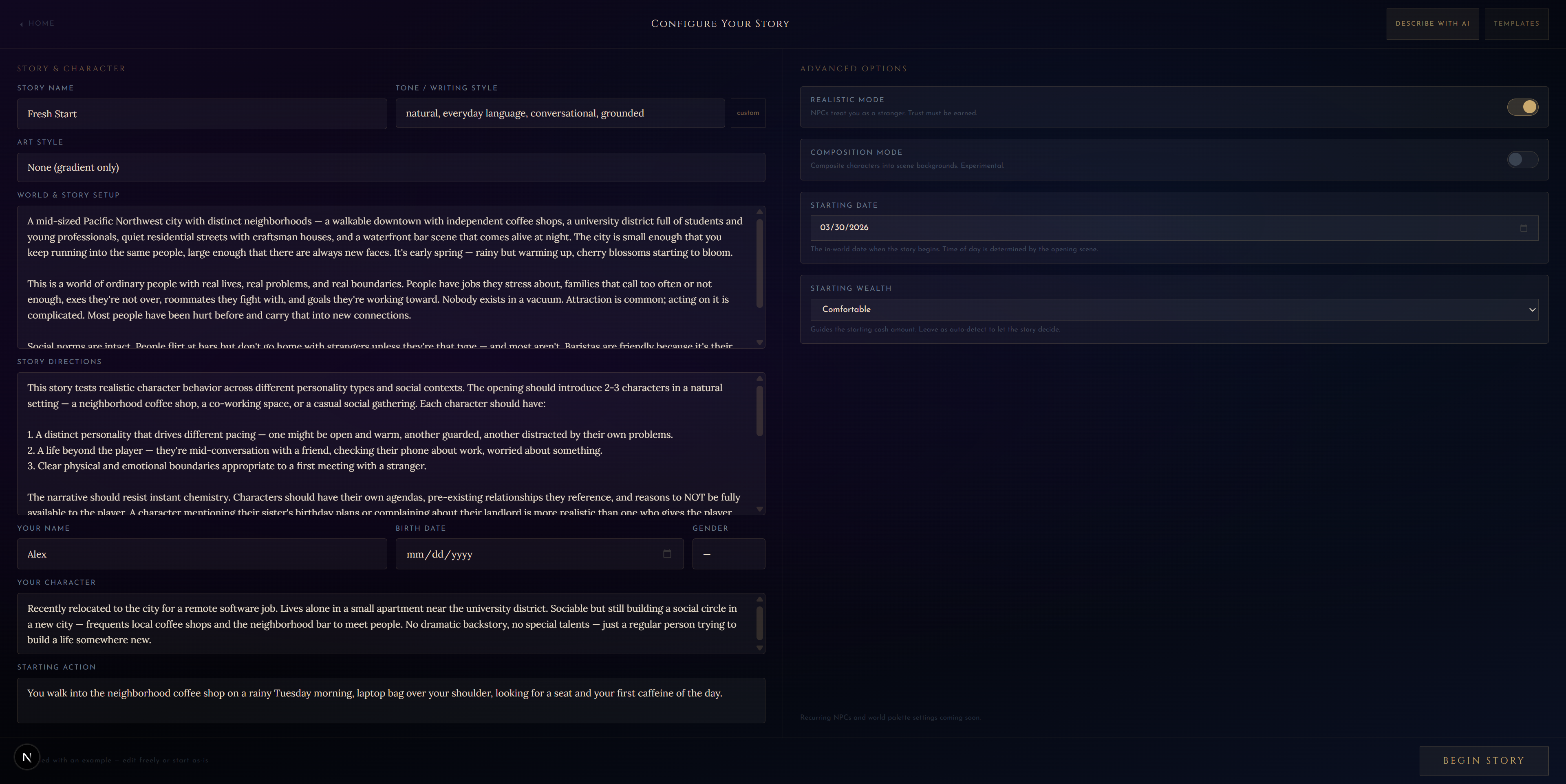 Noiravo story setup form — configure your world, character, and starting action