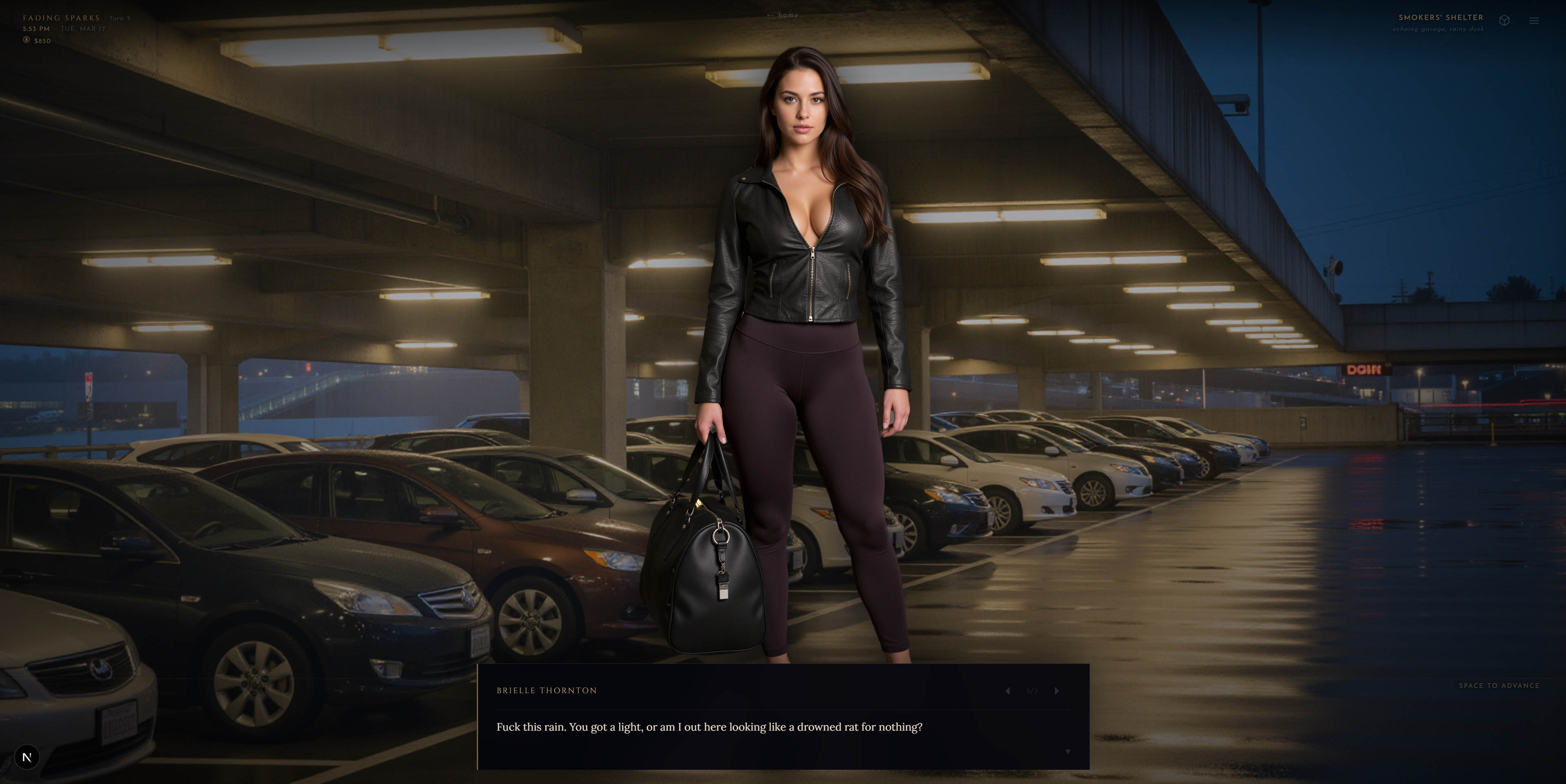 Noiravo AI visual novel — realistic noir scene with cinematic lighting